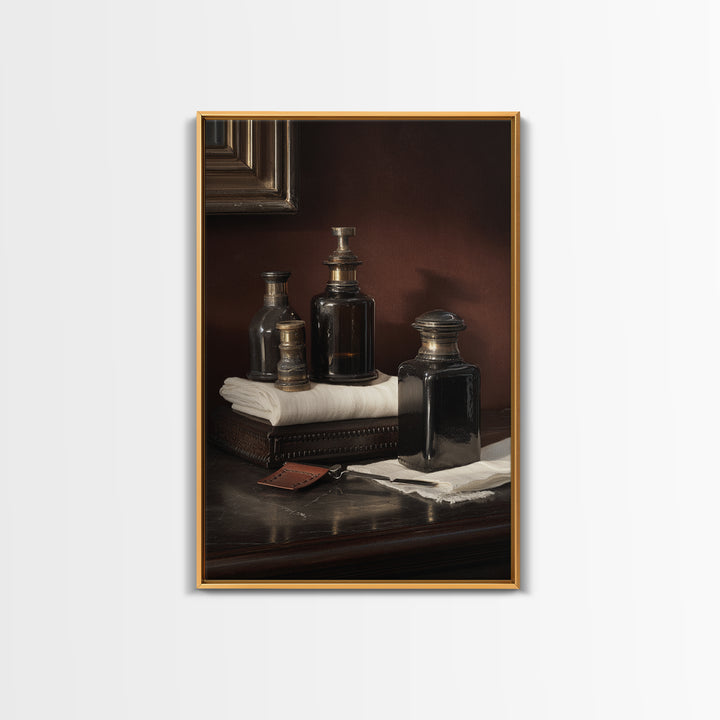 Old World Apothecary Bottles for Grooming Oils Canvas Print, Barbershop Art, Quirky Home Decor, Barbershop Decor, Grooming, BAA-2x3-52