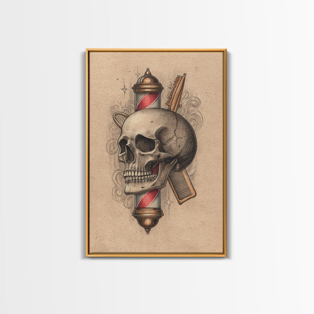 Skull with Comb and Razor in Tattoo Canvas Print, Barbershop Art, Luxury Decor, Barbershop Decor, Fine Art, Grooming, BAA-2x3-71