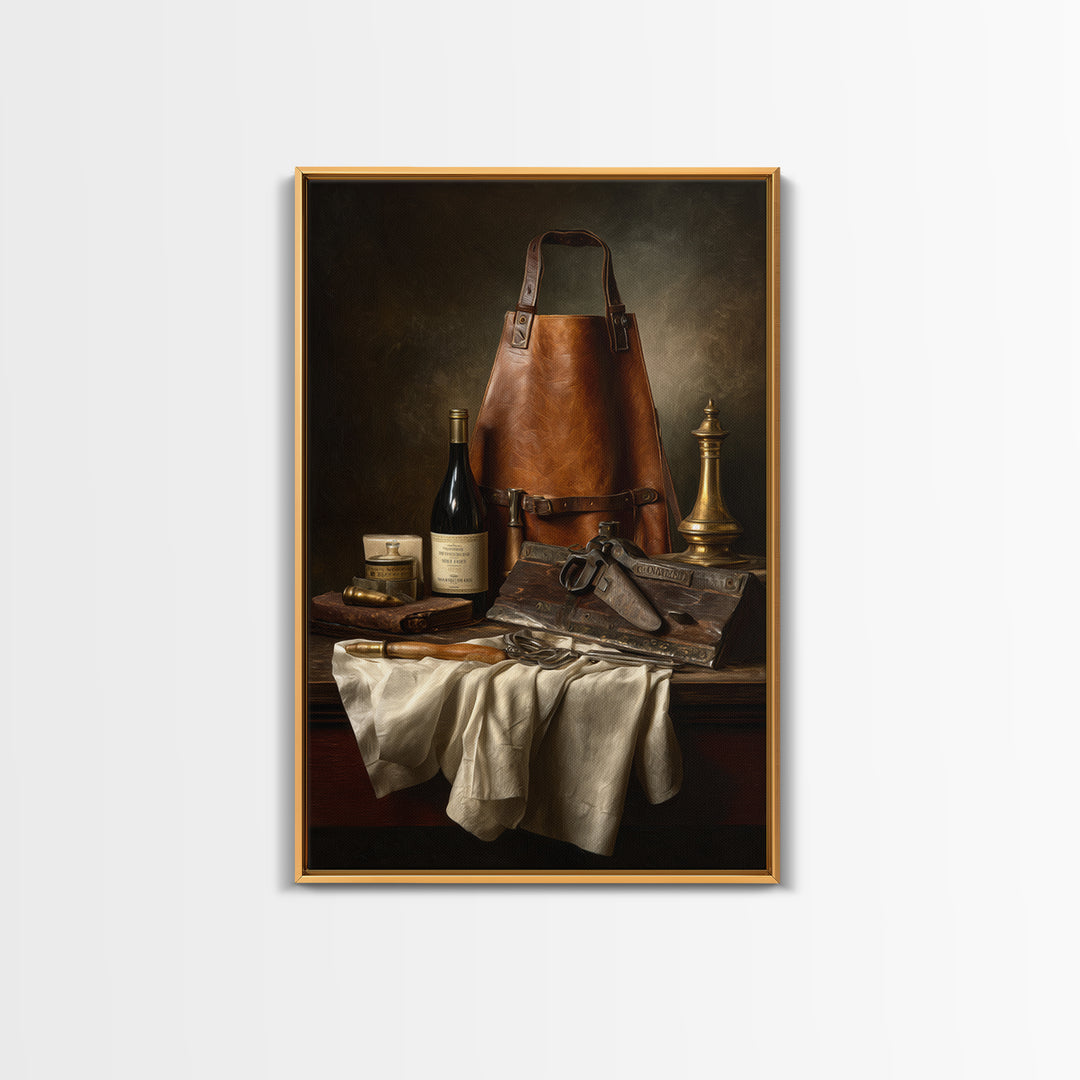 Leather Apron and Brass Tools Still Life Framed Canvas Print, Barbershop Art, Minimalist Decor, Barbershop Decor, Grooming, BAA-2x3-78
