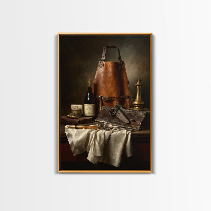 Leather Apron and Brass Tools Still Life Framed Canvas Print, Barbershop Art, Minimalist Decor, Barbershop Decor, Grooming, BAA-2x3-78