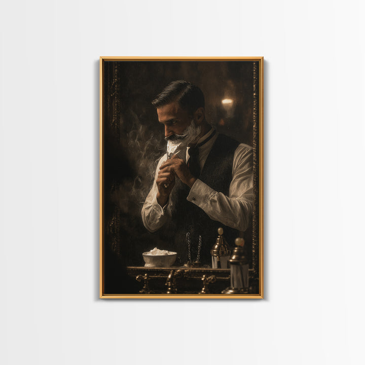Hot Towel Shave Scene Cropped Close to Framed Canvas Print, Barbershop Art, Digital Art, Barbershop Decor, Fine Art, Grooming, BAA-2x3-93