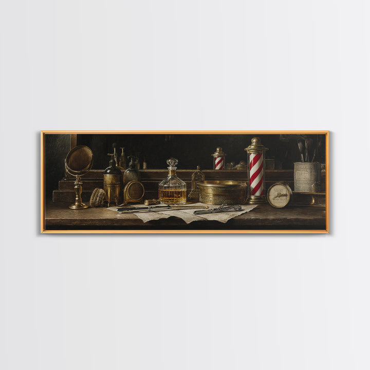 Whiskey and Straight Razor Masculine Still Life Canvas Print, Barbershop Art, Oil Painting, Barbershop Decor, Grooming, BAA-3x1-71