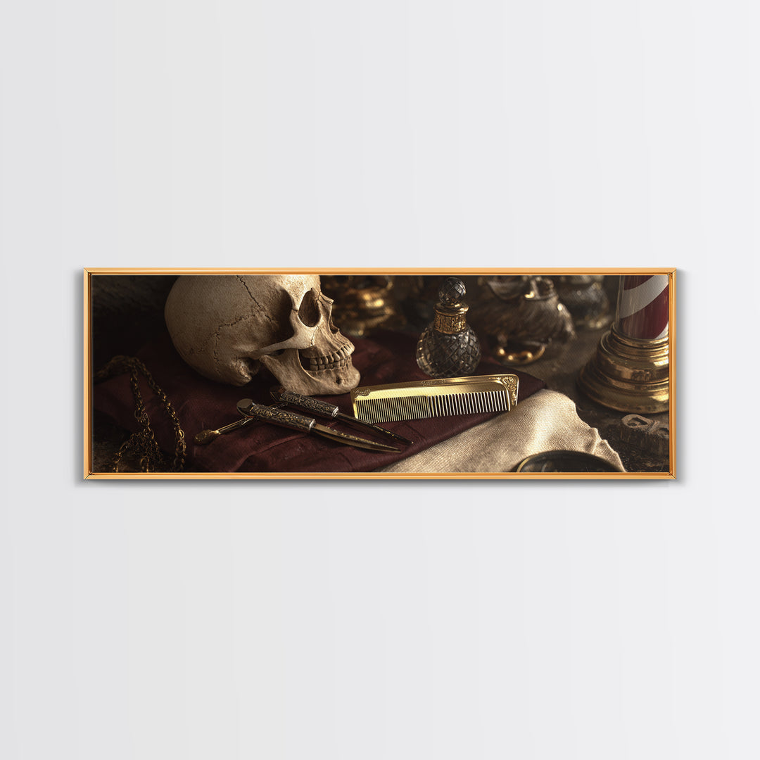 Skull with Comb and Razor in Tattoo Framed Canvas Print, Barbershop Art, Black Art, Barbershop Decor, Oil Painting, Grooming, BAA-3x1-79