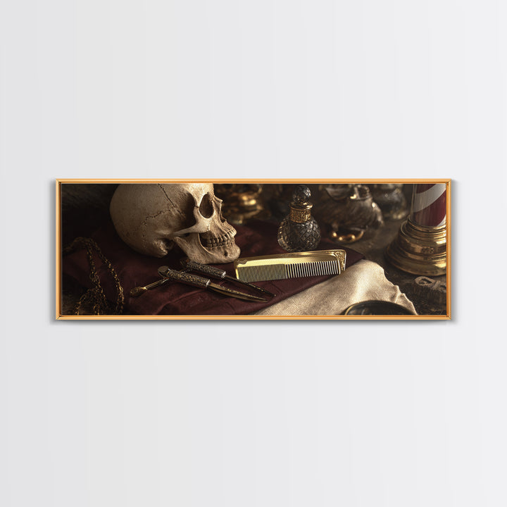 Skull with Comb and Razor in Tattoo Framed Canvas Print, Barbershop Art, Black Art, Barbershop Decor, Oil Painting, Grooming, BAA-3x1-79