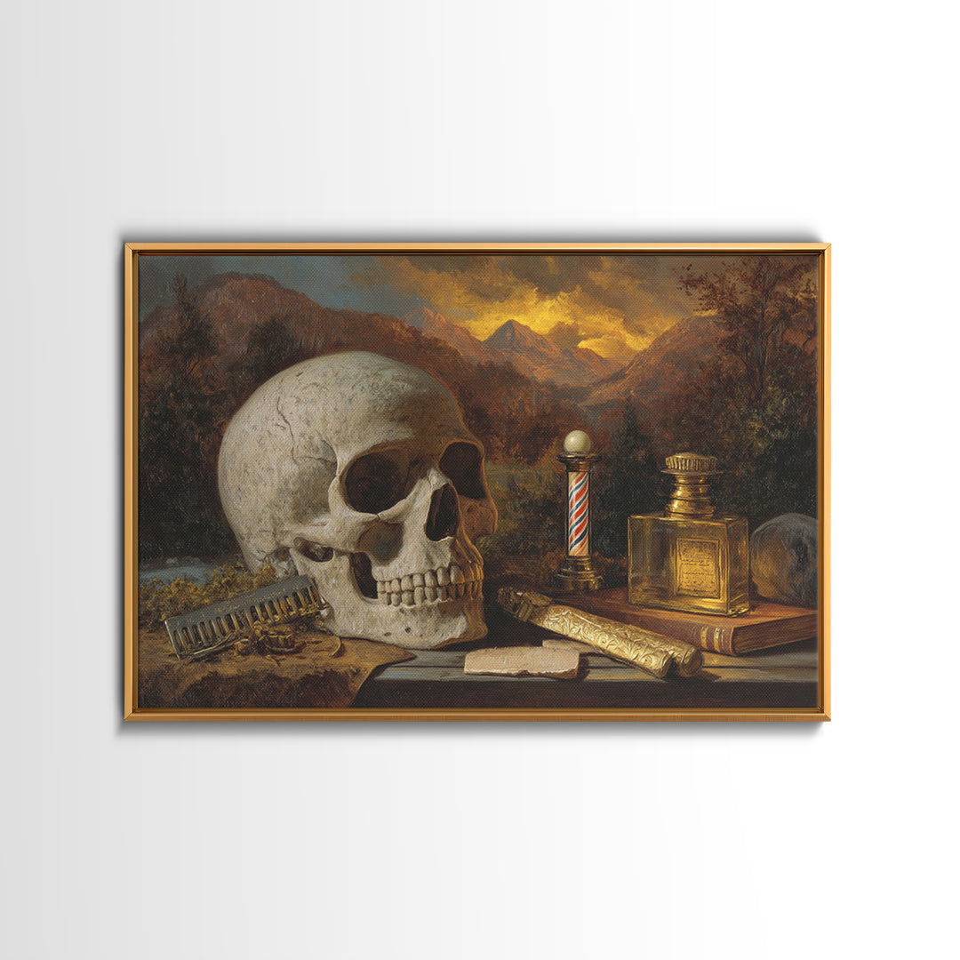 Skull with Comb and Razor in Tattoo Framed Canvas Print, Barbershop Art, Retro Wall Art, Barbershop Decor, Fine Art, Grooming, BAA-3x2-19