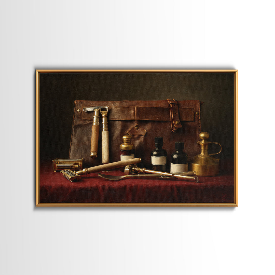 Leather Apron and Brass Tools Still Life Framed Canvas Print, Barbershop Art, Minimalist Decor, Barbershop Decor, Grooming, BAA-3x2-2