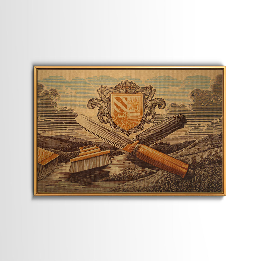 Bold Linocut Barber Emblem Framed Canvas Print, Barbershop Art, Digital Prints, Barbershop Decor, Fine Art, Grooming, BAA-3x2-28