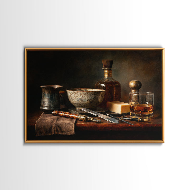 Whiskey and Straight Razor Masculine Still Life Canvas Print, Barbershop Art, Black Art Prints, Barbershop Decor, Grooming, BAA-3x2-35