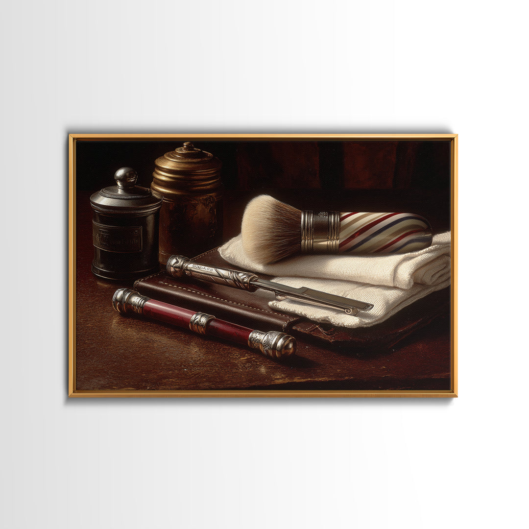 Straight Razor and Shaving Brush on Dark Framed Canvas Print, Barbershop Art, Oil Painting, Barbershop Decor, Grooming, BAA-3x2-6