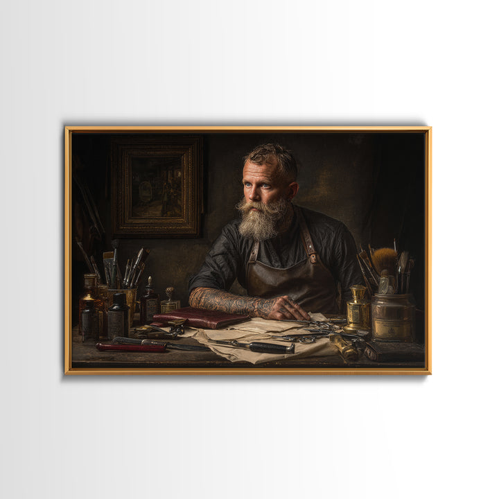 Tattooed Barber Portrait Framed Canvas Print, Barbershop Art, Art Print, Barbershop Decor, Grooming, African American Art, BAA-3x2-8
