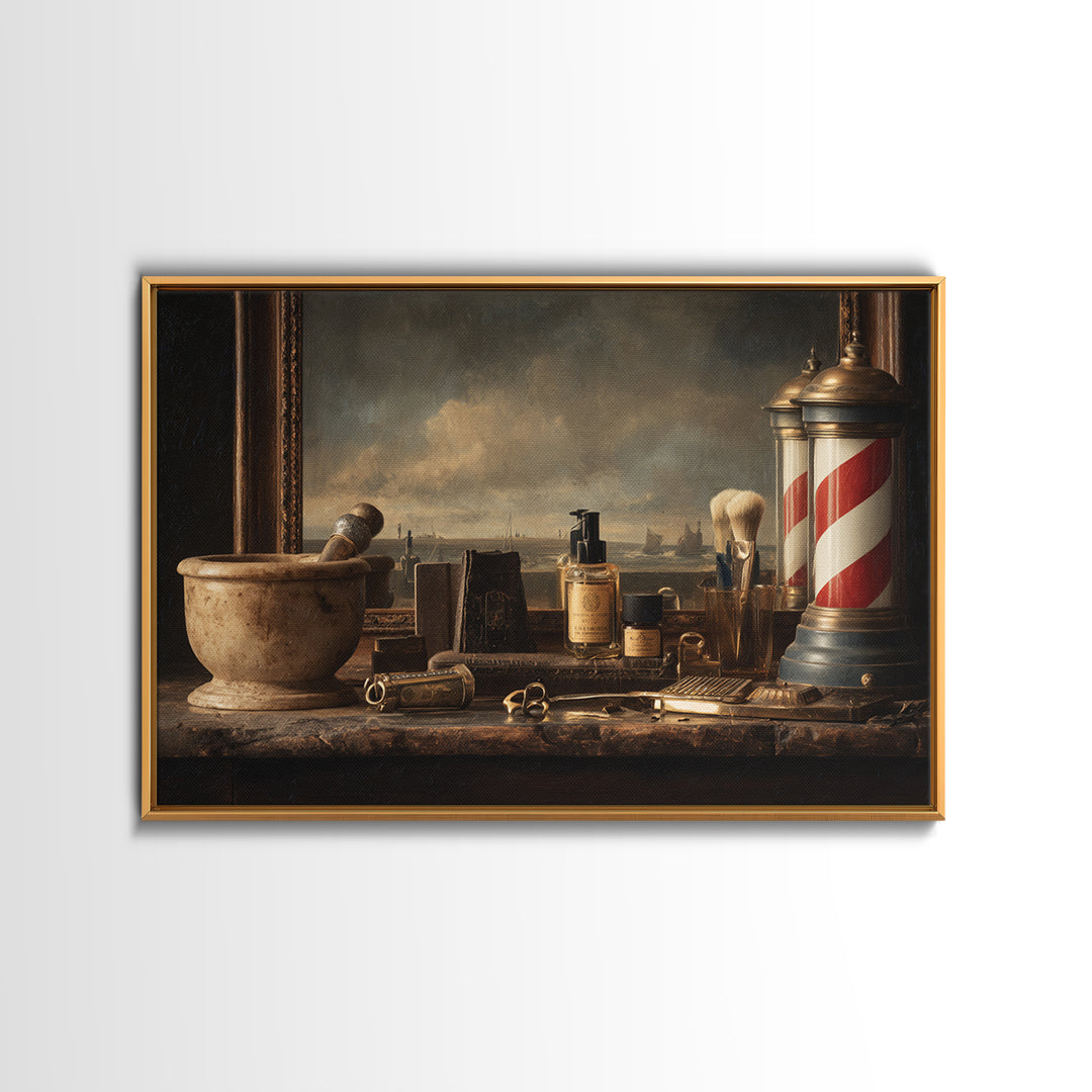 Antique Clippers and Combs on Worn Wood Framed Canvas Print, Barbershop Art, Living Room Art, Barbershop Decor, Grooming, BAA-3x2-85
