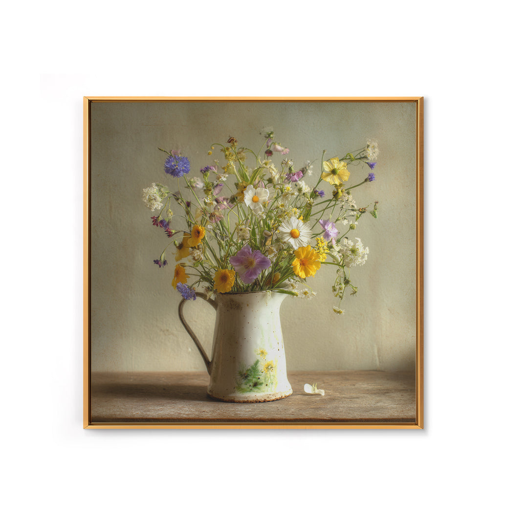Country Wildflowers in a Chipped Ceramic Pitcher Canvas Print, Bed and Breakfast Art, Modern Decor, Living Room Decor, BAB-1x1-1