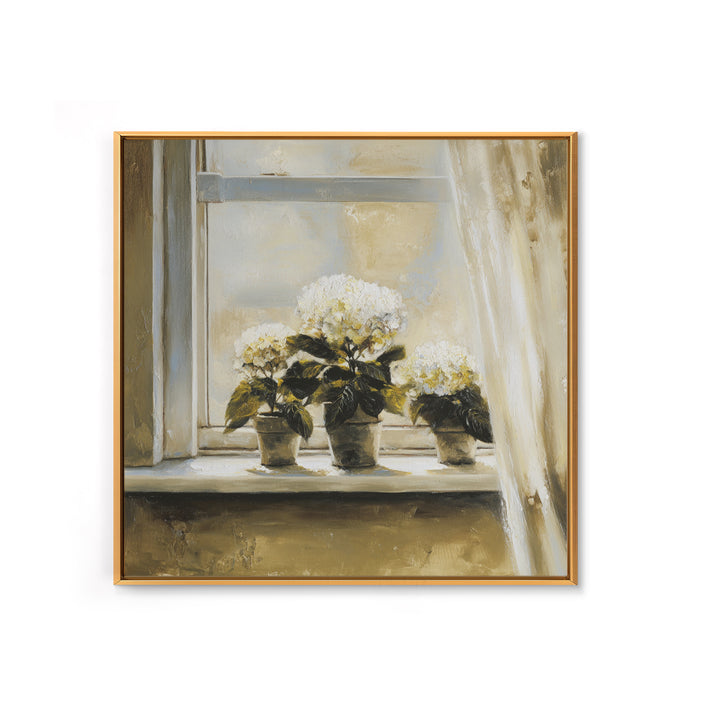 Sunlit Hydrangeas on a Windowsill Canvas Print, Bed and Breakfast Art, Trendy Wall Art, Living Room Decor, Fine Art, BAB-1x1-10