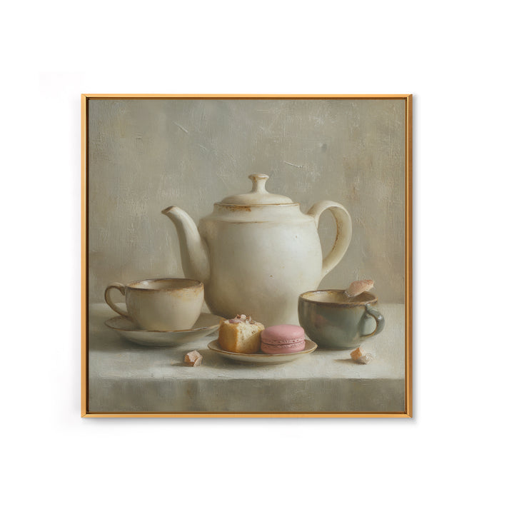 Porcelain Teapot and Scones Framed Canvas Print, Bed and Breakfast Art, Wall Decor, Living Room Decor, Fine Art, BAB-1x1-12