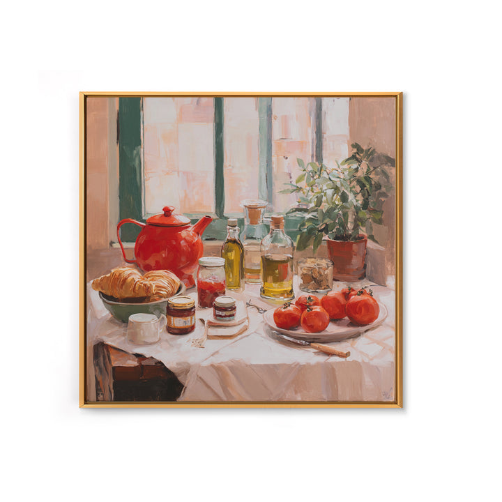 Fresh Croissants and Jam on a Linen Framed Canvas Print, Bed and Breakfast Art, Above Bed Decor, Living Room Decor, Fine Art, BAB-1x1-2