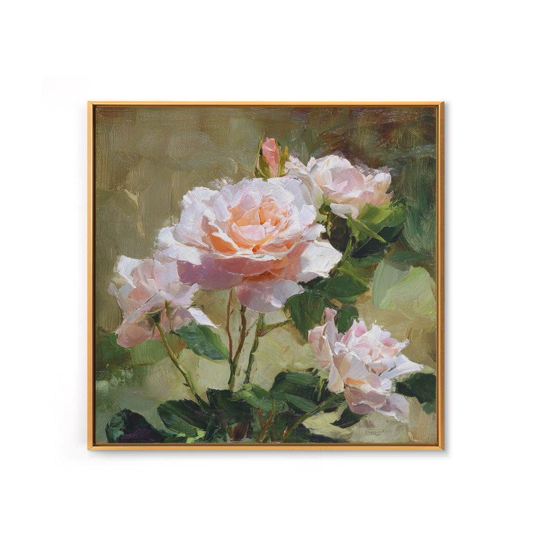 Garden Roses in Romantic Oil Paint Framed Canvas Print, Bed and Breakfast Art, Neutral Decor, Living Room Decor, Oil Painting, BAB-1x1-21