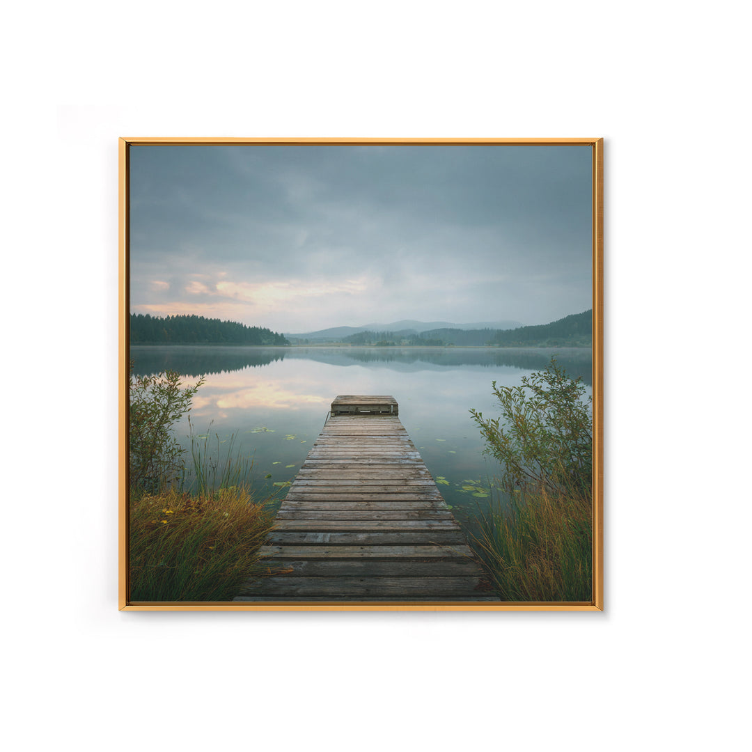 Quiet Lake Dock at Early Morning Canvas Print, Bed and Breakfast Art, Farmhouse Wall Decor, Living Room Decor, Fine Art, BAB-1x1-22