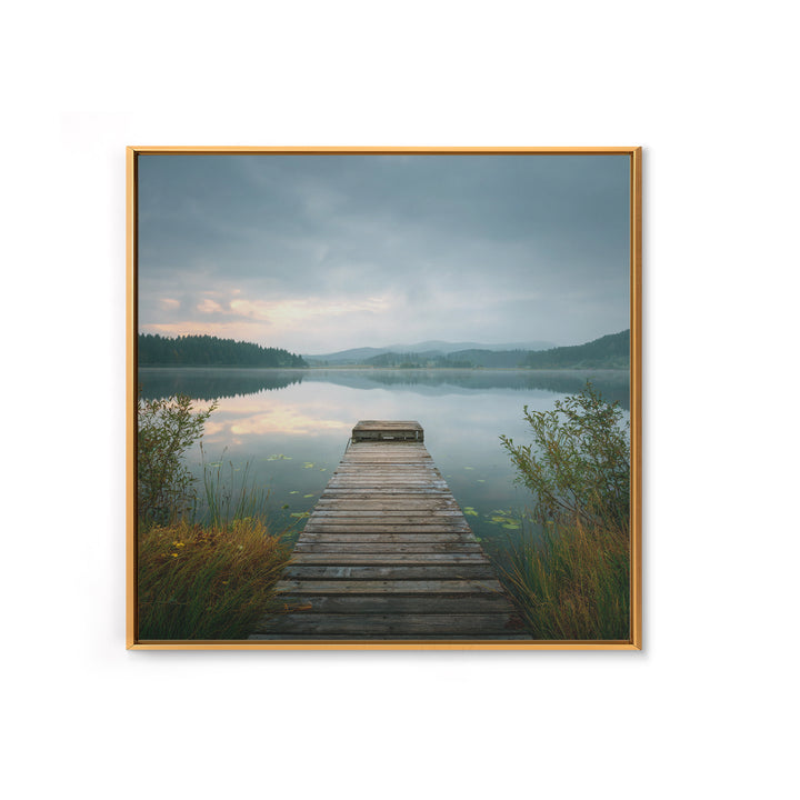 Quiet Lake Dock at Early Morning Canvas Print, Bed and Breakfast Art, Farmhouse Wall Decor, Living Room Decor, Fine Art, BAB-1x1-22