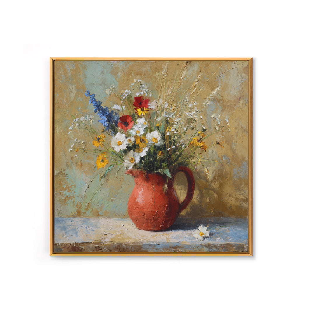 Country Wildflowers in a Chipped Ceramic Pitcher Canvas Print, Bed and Breakfast Art, Room Decor, Living Room Decor, BAB-1x1-25