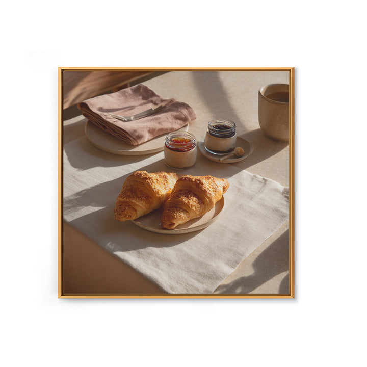 Fresh Croissants and Jam on a Linen Canvas Print, Bed and Breakfast Art, Folk Art, Living Room Decor, Abstract Art, BAB-1x1-26