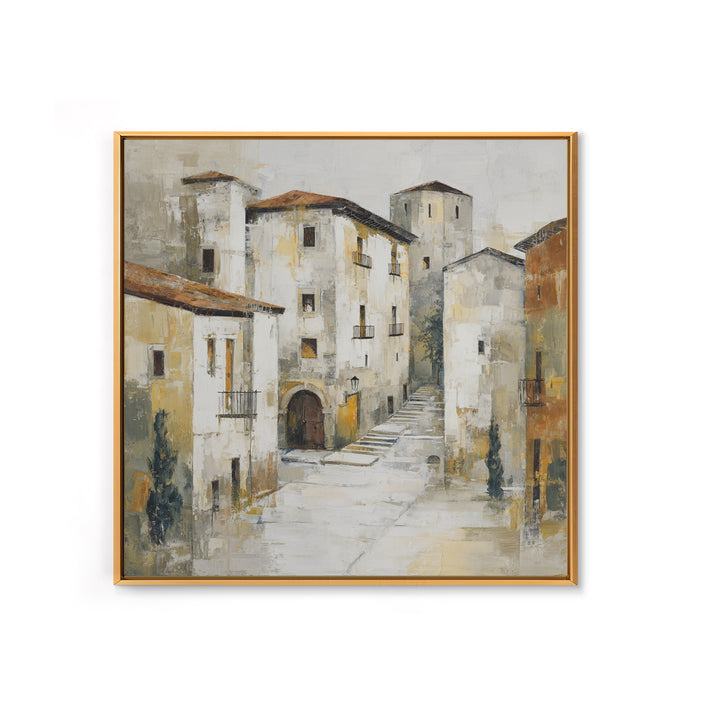 Soft Watercolor Village Street at Dawn Canvas Print, Bed and Breakfast Art, Textured Painting, Living Room Decor, BAB-1x1-29