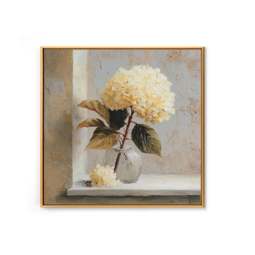 Sunlit Hydrangeas on a Windowsill Canvas Print, Bed and Breakfast Art, Rustic Home Decor, Living Room Decor, BAB-1x1-34