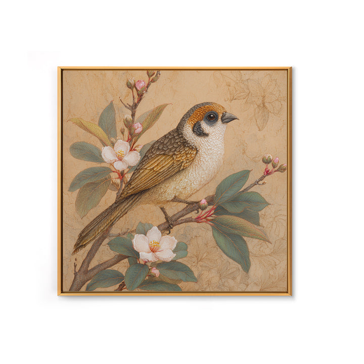 Small Bird on a Flowering Branch Framed Canvas Print, Bed and Breakfast Art, Gallery Decor, Living Room Decor, Fine Art, BAB-1x1-38