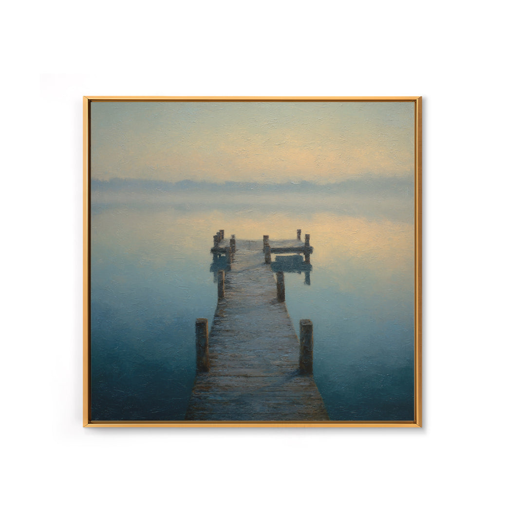 Quiet Lake Dock at Early Morning Framed Canvas Print, Bed and Breakfast Art, Coffee Wall Art, Living Room Decor, Oil Painting, BAB-1x1-46