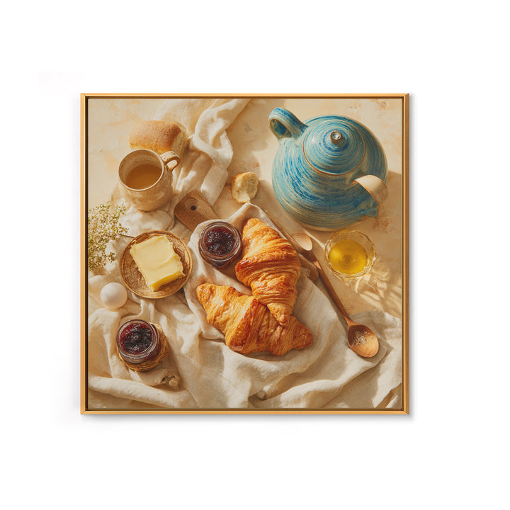 Fresh Croissants and Jam on a Linen Canvas Print, Bed and Breakfast Art, Folk Art, Living Room Decor, Abstract Art, BAB-1x1-50