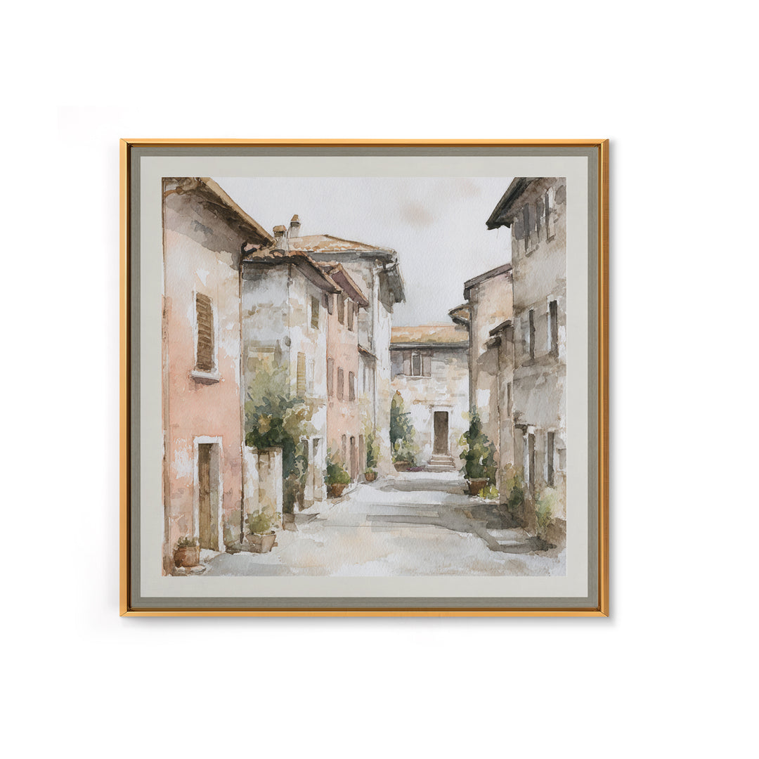 Soft Watercolor Village Street at Dawn Canvas Print, Bed and Breakfast Art, Textured Painting, Living Room Decor, BAB-1x1-53