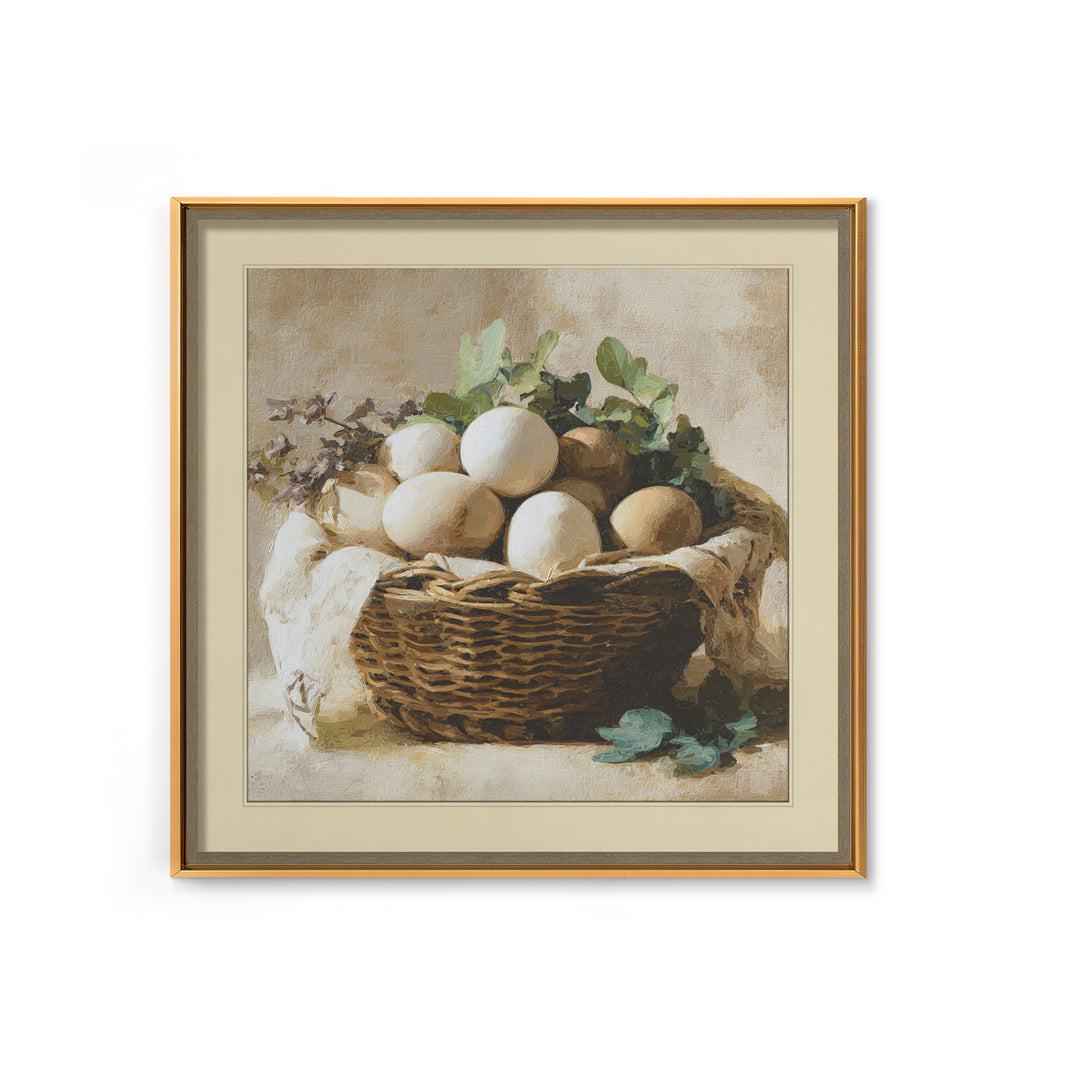 Fresh Eggs in a Woven Basket with Canvas Print, Bed and Breakfast Art, Bedroom Art, Living Room Decor, Oil Painting, BAB-1x1-54