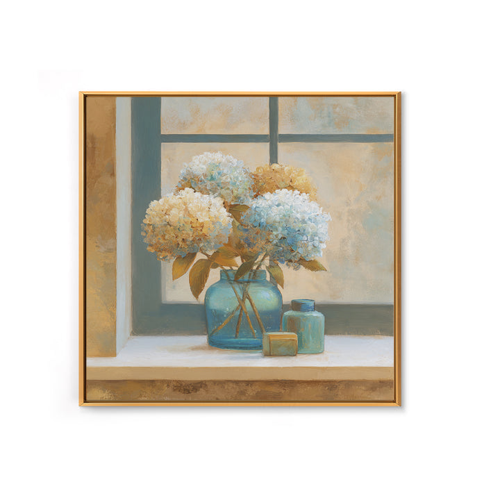 Sunlit Hydrangeas on a Windowsill Canvas Print, Bed and Breakfast Art, Rustic Home Decor, Living Room Decor, BAB-1x1-58