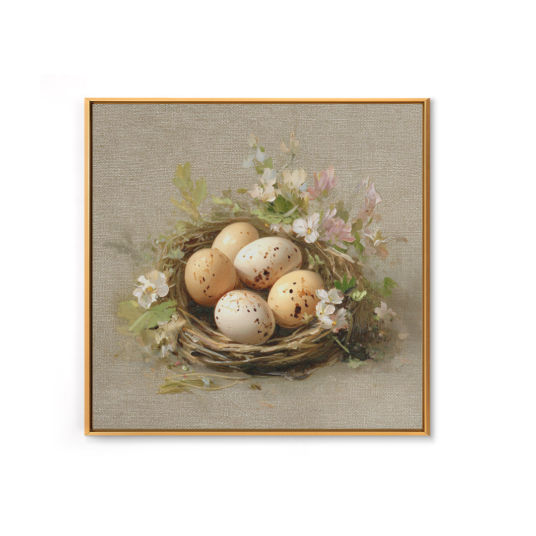 Fresh Eggs in a Woven Basket with Framed Canvas Print, Bed and Breakfast Art, Coffee Art, Living Room Decor, Watercolor Art, BAB-1x1-6