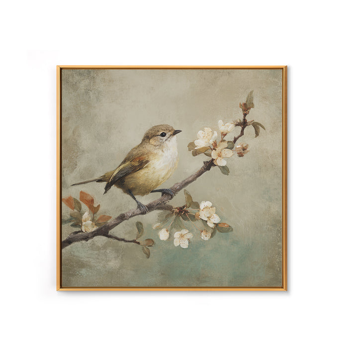 Small Bird on a Flowering Branch Framed Canvas Print, Bed and Breakfast Art, Gallery Decor, Living Room Decor, Fine Art, BAB-1x1-62