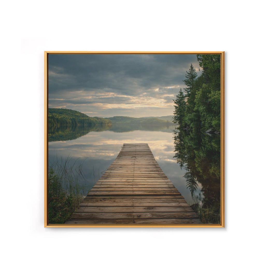 Quiet Lake Dock at Early Morning Framed Canvas Print, Bed and Breakfast Art, Coffee Wall Art, Living Room Decor, Oil Painting, BAB-1x1-70