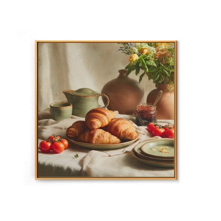 Fresh Croissants and Jam on a Linen Framed Canvas Print, Bed and Breakfast Art, Fine Art Print, Living Room Decor, Abstract Art, BAB-1x1-74