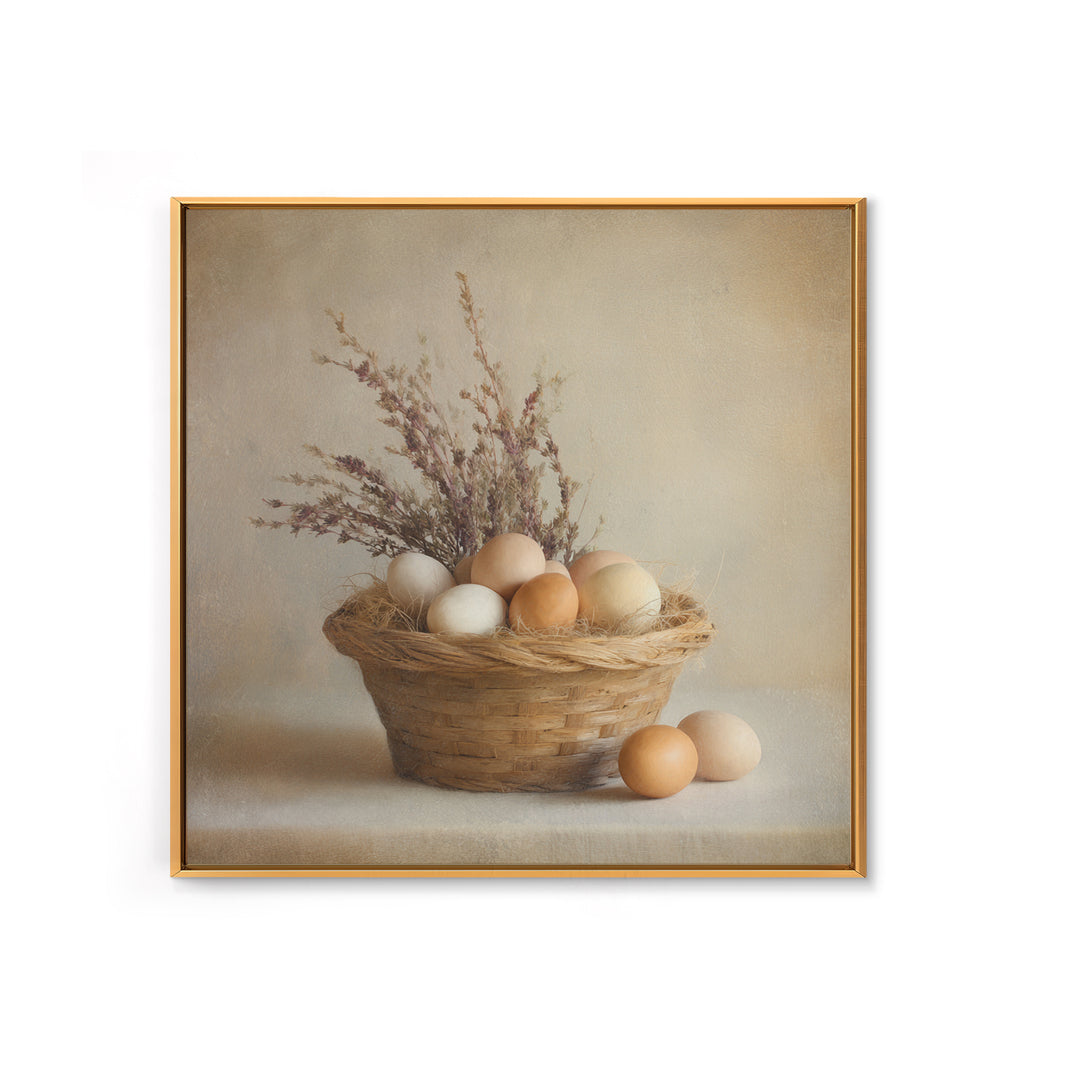 Fresh Eggs in a Woven Basket with Framed Canvas Print, Bed and Breakfast Art, Statement Artwork, Living Room Decor, Fine Art, BAB-1x1-78