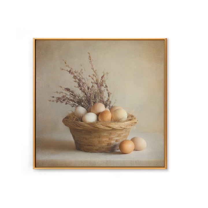 Fresh Eggs in a Woven Basket with Framed Canvas Print, Bed and Breakfast Art, Statement Artwork, Living Room Decor, Fine Art, BAB-1x1-78