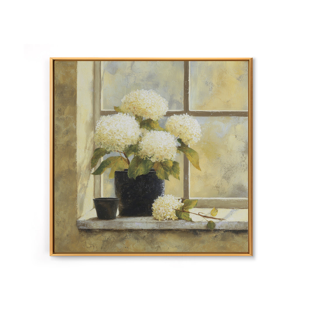 Sunlit Hydrangeas on a Windowsill Canvas Print, Bed and Breakfast Art, Boho Decor, Living Room Decor, Oil Painting, BAB-1x1-82