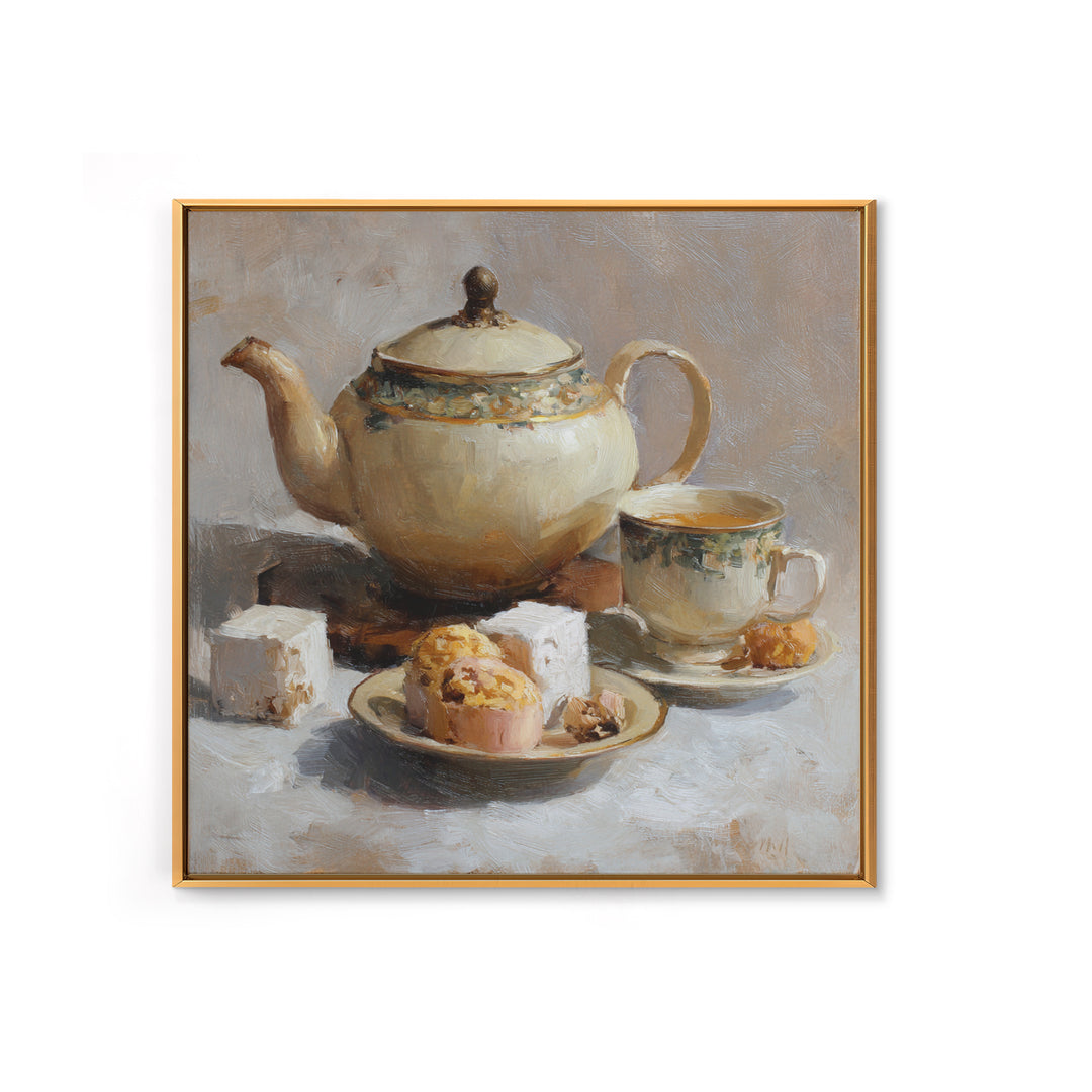 Porcelain Teapot and Scones Framed Canvas Print, Bed and Breakfast Art, Bedroom Prints, Living Room Decor, Abstract Art, BAB-1x1-84