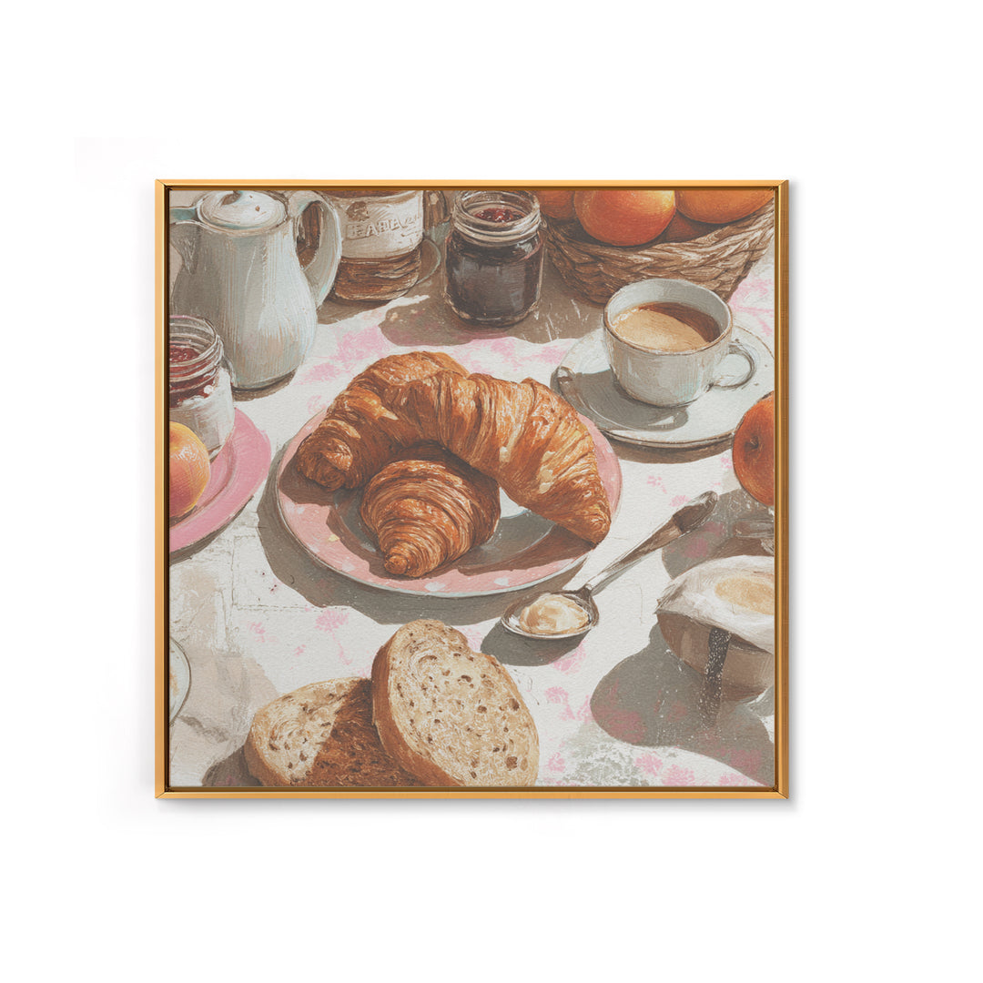 Fresh Croissants and Jam on a Linen Canvas Print, Bed and Breakfast Art, Textured Painting, Living Room Decor, Abstract Art, BAB-1x1-98
