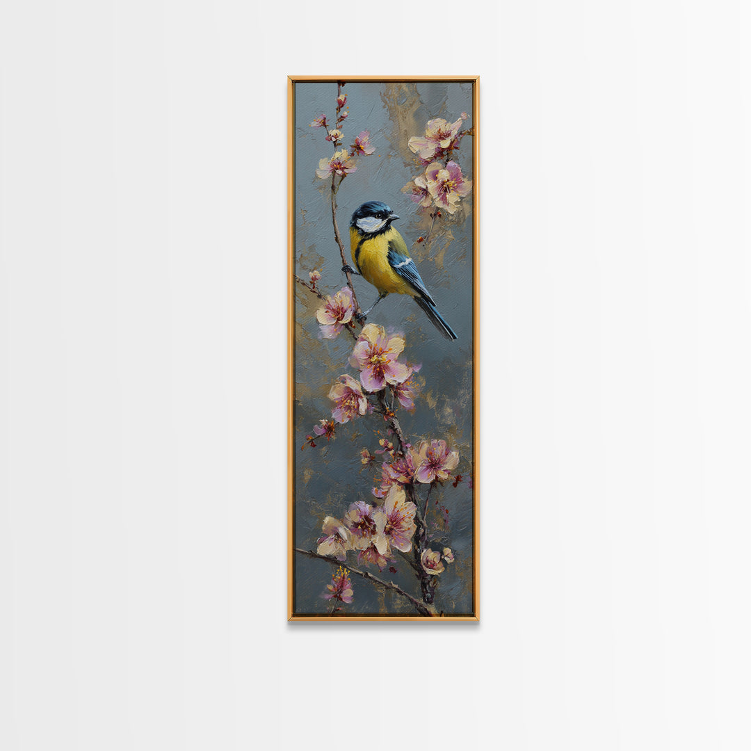 Small Bird on a Flowering Branch Canvas Print, Bed and Breakfast Art, Folk Art, Living Room Decor, Watercolor Art, BAB-1x3-2