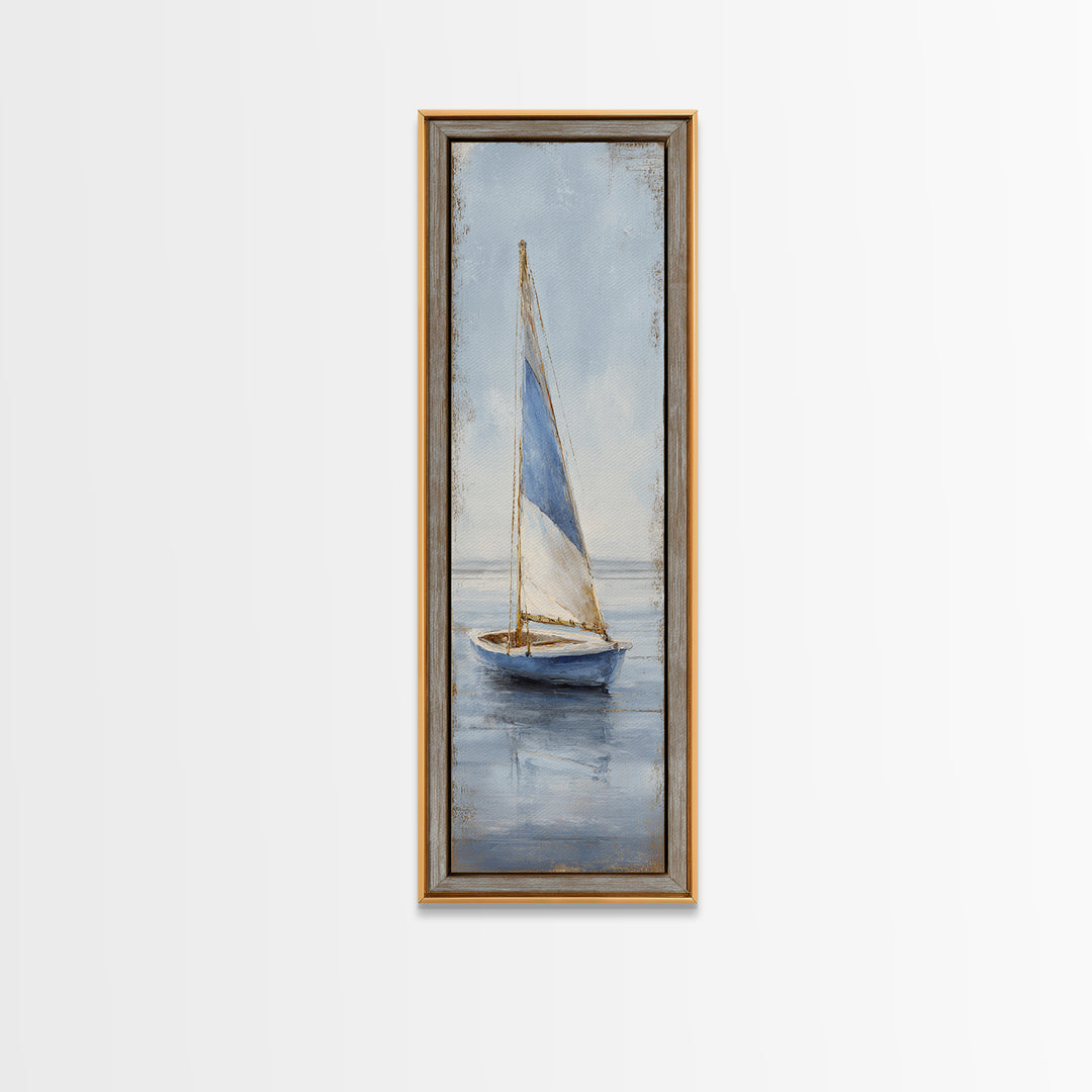 Coastal Inn Sailboat at Sunrise Framed Canvas Print, Bed and Breakfast Art, Textured Painting, Living Room Decor, Fine Art, BAB-1x3-29