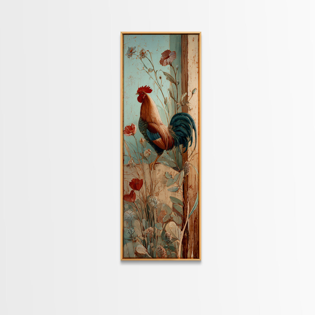 Rooster and Wildflower Country Portrait Framed Canvas Print, Bed and Breakfast Art, Living Room Decor, Fine Art, BAB-1x3-31