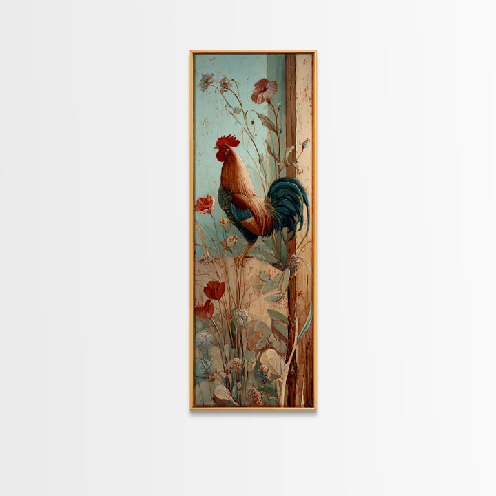 Rooster and Wildflower Country Portrait Framed Canvas Print, Bed and Breakfast Art, Living Room Decor, Fine Art, BAB-1x3-31