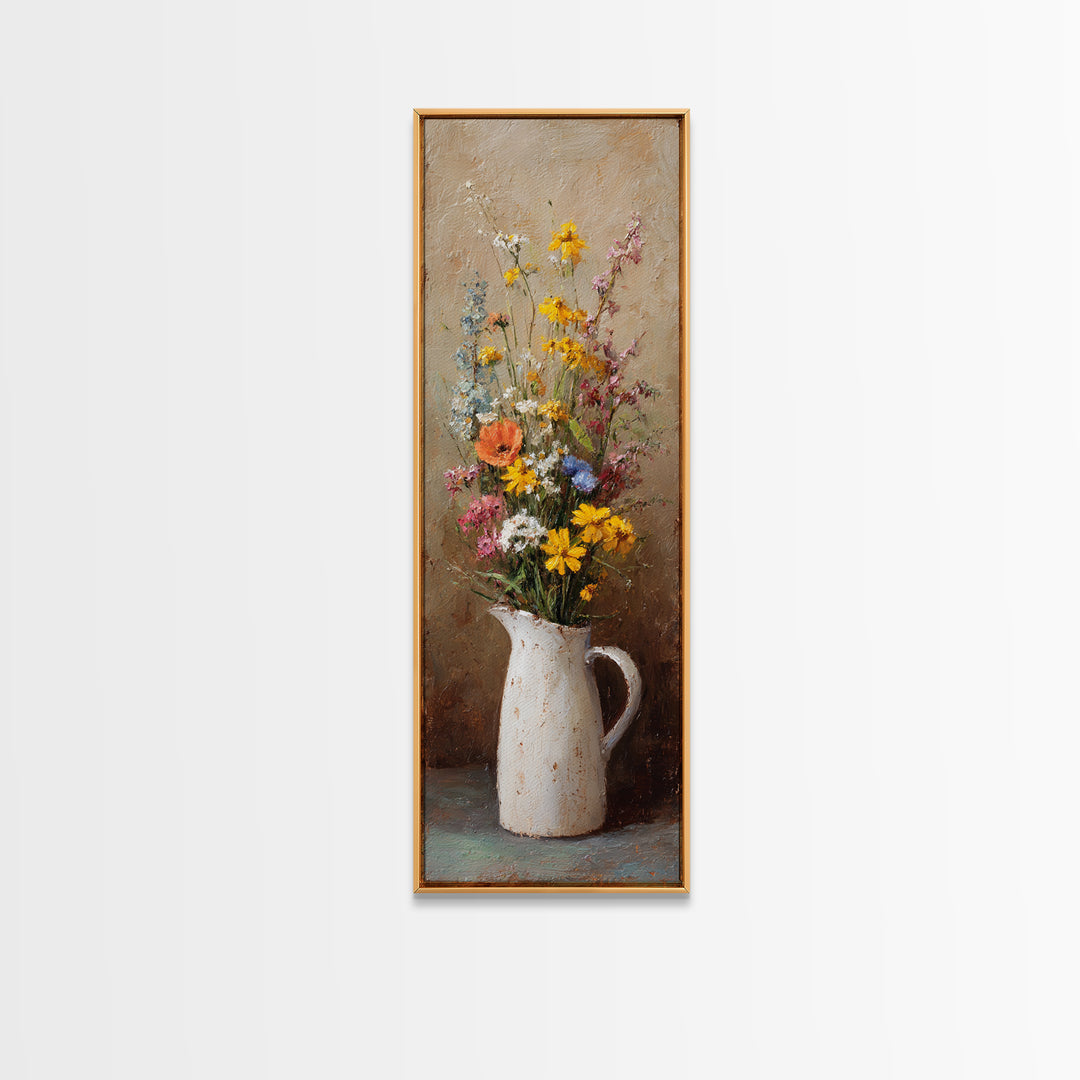 Country Wildflowers in a Chipped Ceramic Pitcher Canvas Print, Bed and Breakfast Art, Minimalist Decor, Living Room Decor, BAB-1x3-37