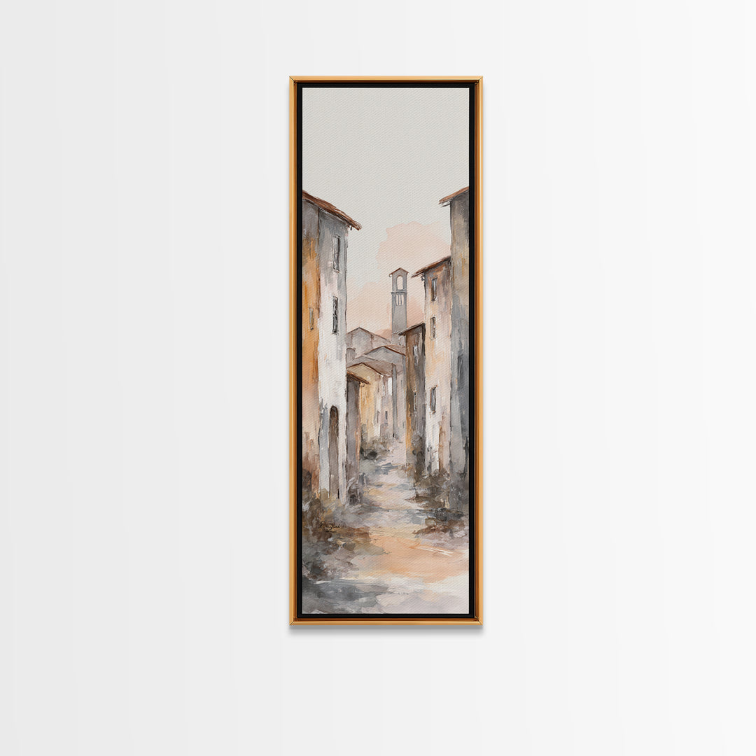 Soft Watercolor Village Street at Dawn Canvas Print, Bed and Breakfast Art, Farmhouse Wall Art, Living Room Decor, Fine Art, BAB-1x3-41
