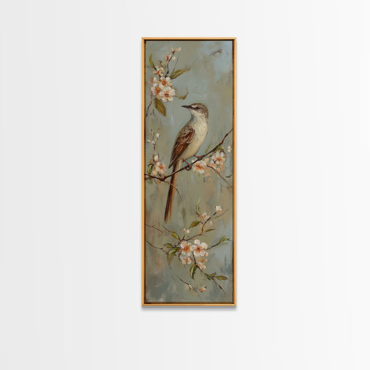 Small Bird on a Flowering Branch Framed Canvas Print, Bed and Breakfast Art, Fine Art Print, Living Room Decor, Watercolor Art, BAB-1x3-50