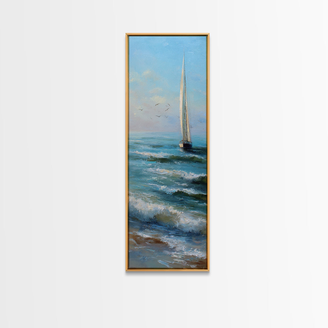Coastal Inn Sailboat at Sunrise Framed Canvas Print, Bed and Breakfast Art, Textured Painting, Living Room Decor, Fine Art, BAB-1x3-53