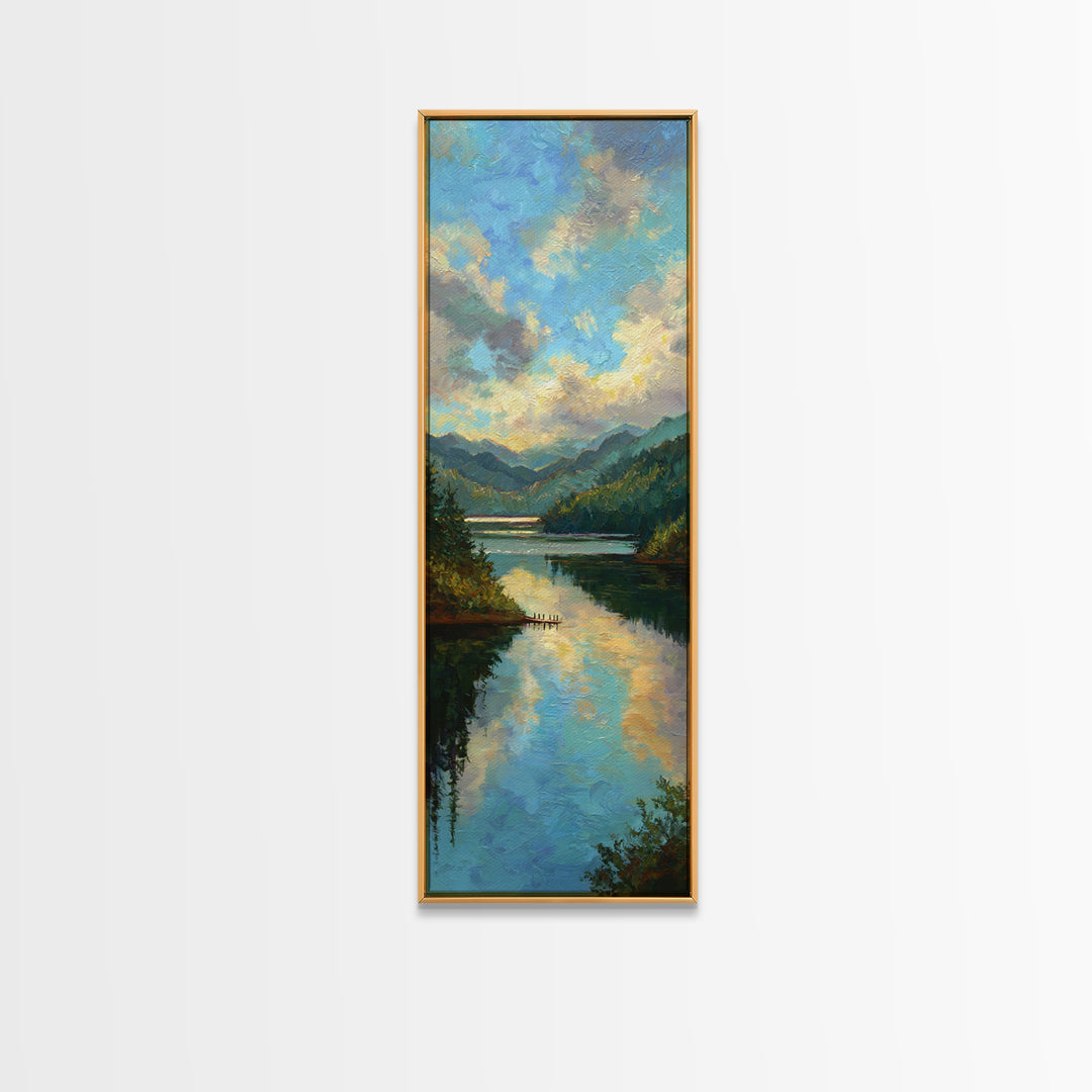 Quiet Lake Dock at Early Morning Canvas Print, Bed and Breakfast Art, Rustic Home Decor, Living Room Decor, Digital Art, BAB-1x3-58